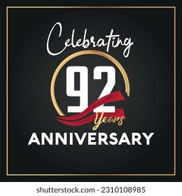 Logo de celebración del 92º aniversario del Vector con diseño vectorial aislado de color dorado de anillo y elegancia
