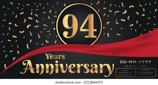 Vector 94th years anniversary celebration on dark background with golden numbers and confetti design