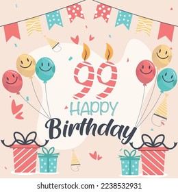 Vector 99th happy birthday vector design for greeting cards and poster with balloon and gift box design.
