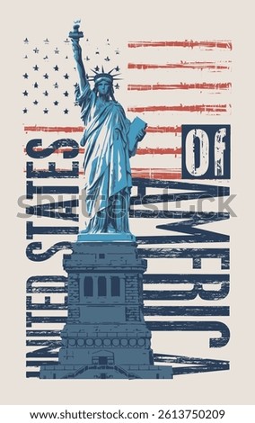 Vector A4 banner with Statue of Liberty on background of United States of America inscription and American flag in vintage style. Logo, T-shirt design, travel flyer, booklet, invitation, postcard