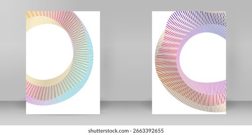Modelo de negócios A4 vetorial com linhas de grade circulares coloridas modernas. Use para relatórios corporativos, apresentações técnicas, publicidade ou folhetos promocionais abstratos. Totalmente editável