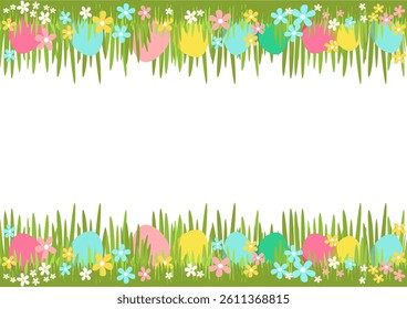 Vector A4 horizontal Easter template with grass, eggs, and flowers forming top and bottom borders. Ideal for greeting cards, invitations, and festive designs.