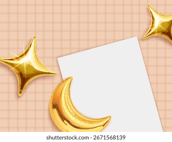 Mockup de papel A4 vetorial com lua de balão de ouro e estrela em fundo quadriculado