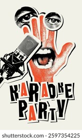 Vector A4 poster for karaoke party in vintage style with singing mouth, hand, studio microphone and calligraphy lettering. Suitable for advertising poster, music banner, flyer, invitation, ticket