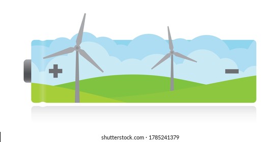Vector AA battery symbol of ecological energy. Landscape with wind turbines. Isolated on white background.