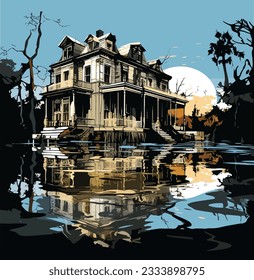 Vector of an abandoned flooded house in a swamp at night, halloween, horror