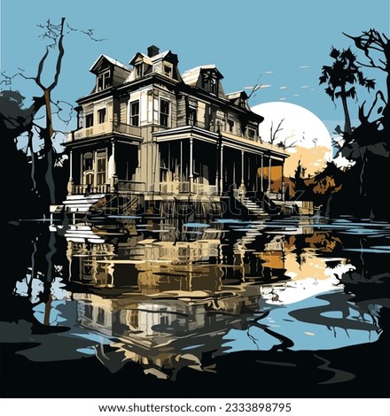 Vector of an abandoned flooded house in a swamp at night, halloween, horror Stok fotoğraf © 