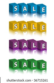 Vector ABC bricks (with reflection) arranged in four sets with the word "SALE" in blue, yellow, violet and green