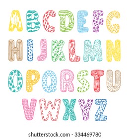 Vector ABC. Hand drawn cartoon doodle ornamental Alphabet. Colorful letters for kids.