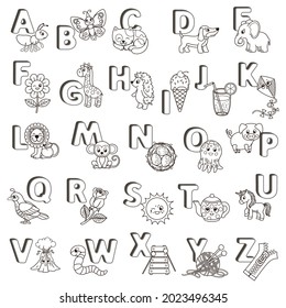 Vector ABC poster. Capital letters of the English alphabet with cute cartoon animals and things. Coloring page for kindergarten and preschool education. Cards for study English