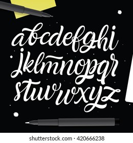 Vector Abc set. Painted Type. Handwritten Script Font. Hand Lettering and Custom Typography art for Designs: Logo, Cards, etc. Brush Typeface isolated on black background. 