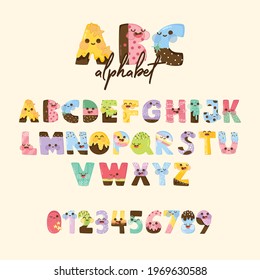 Vector of ABC sweet character alphabet and numbers set in uppercase for kids