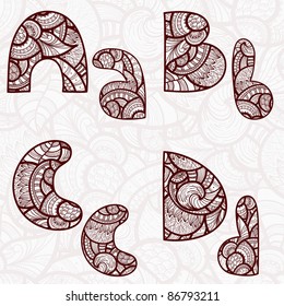 vector a,b,c,d  letters with abstract ethnic floral pattern on seamless background
