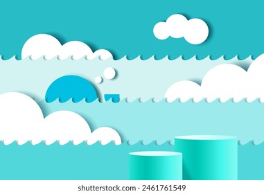 Vector about 3d paper cut abstract minimal geometric shape template background. blue cylinder podium on blue nature landscape scene. vector illustration. mock up scene for product display