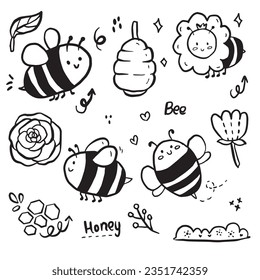 Vector about Big set of cute bees and flower doodle