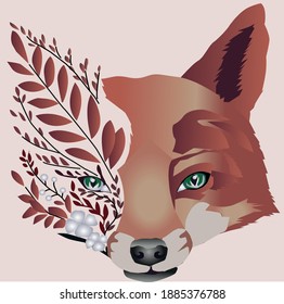 Vector about face fox decorative. Face fox with leaf and flowers.Vector illustration. 