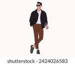 Vector about flat face formal wear man with black jacket dress dark brown pants white background. Men