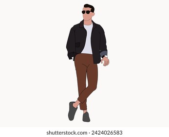 Vector sobre la cara plana hombre de uso formal con la chaqueta negra vestido de fondo blanco pantalones marrones oscuros. El concepto de moda masculina de la ropa es de moda.