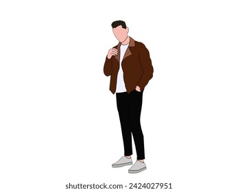 Vector about flat face formal wear man with brown jacket dress black pants white background. Men's trendy clothes fashion themed concept.