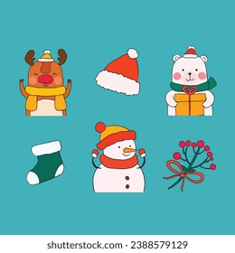 Vector sobre la colección de elementos de navidad dibujada a mano
