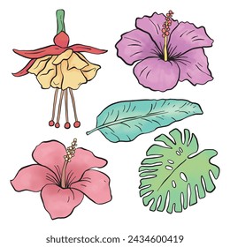 Vector about Hand drawn tropical flowers and leaves