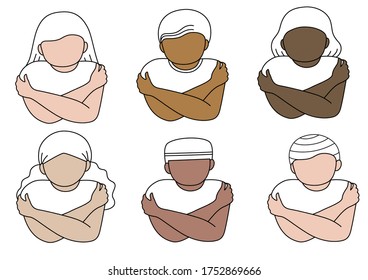 Vector about man and woman of various nationalities and skin color  hug themselves, show their love for themselves
