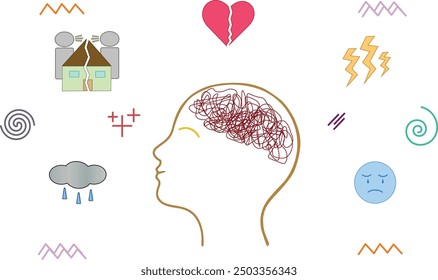 vector about the mental health of someone who looks smiling but harbors many problems in his mind