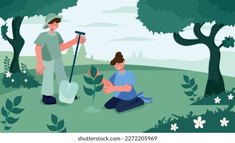 Vector about planting tree with somebody in summer or spring days. They seem happy while they are doing their job.