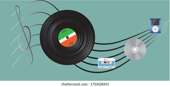 vector about sound storage medium evolution concept: from vinyl to smartphone