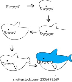 vector about step-by-step drawing of a shark for a children's book