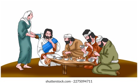 Vector about a woman is weting water to Jesus, Easter background.