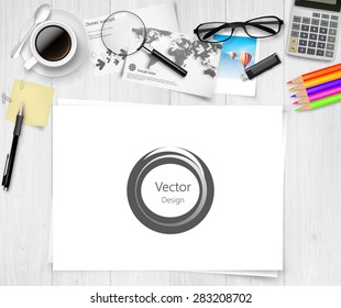 Vector above view of a wooden office table, and paper sheet,