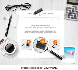 Vector above view of a wooden table, and website withoffice material on it.