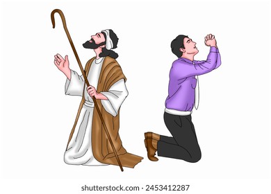 Vector de Abraham con un hombre están orando a Dios, Oraciones de fondo.