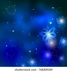 Vector absract background. Blurred blue background with bright glittering sparkles, stars and butterflies. Night sky or space backdrop. Mistic, romantic or magic ornament. 