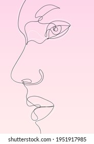 Vector Absract Woman Face In Single Line Art Style. Continuous One Line Portrait With Pink Gradient Background. Black And White Lines. 