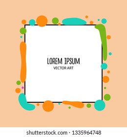 Vector abstact art. Frame made of colorful green, blue, orange spots, circles. Simple illustration template with black lettering for invitations, cards and other design. Orange background