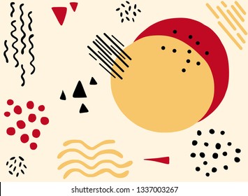 Vector abstact art. Texture made of colorful yellow red, black spots, circles. Simple illustration template for invitations, cards, banner, textile, wrapping paper and other design. Beige background 