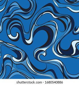 Vector abstact waves seamless pattern, irregular dynamic lines, vibrant stripes, blue color background