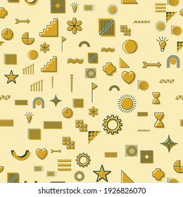 Vector abstact yellow seamless pattern with geometric icons.