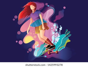 Vector abstarb web site flat gradient illustration. Acrobat girl using skateboard. Kids dream. Landing page illustration 