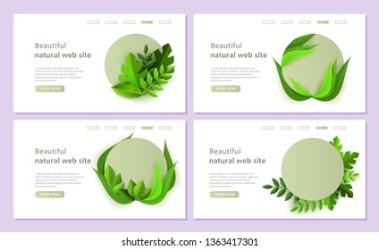 Vector abstrac floral background banners set. Green leaves website templates set. Natural backdrop for bio, ecology, environment protection or botanical design.