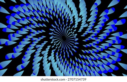Fondo 3D abstracto de Vector con patrones de hojas curvas o pétalos, gradaciones de colores brillantes sobre un fondo negro, creando la ilusión de profundidad y movimiento giratorio dinámico futurista.