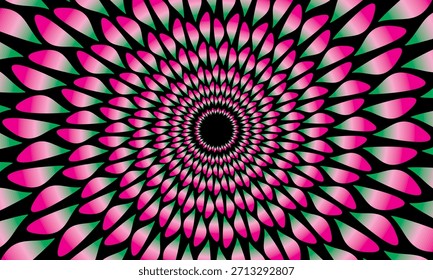 Fondo 3D abstracto de Vector con patrones de hojas curvas o pétalos, gradaciones de colores brillantes sobre un fondo negro, creando la ilusión de profundidad y movimiento giratorio dinámico futurista.