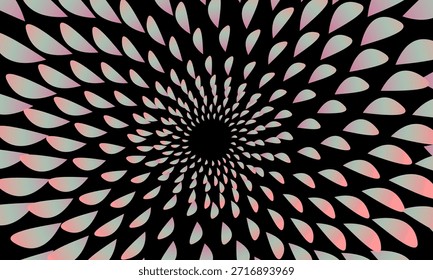 Fondo 3D abstracto de Vector con patrones de hojas curvas o pétalos, gradaciones de colores brillantes sobre un fondo negro, creando la ilusión de profundidad y movimiento giratorio dinámico futurista.	
