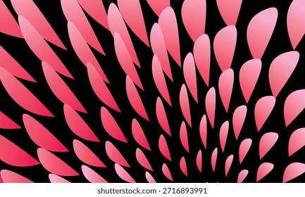 Fondo 3D abstracto de Vector con patrones de hojas curvas o pétalos, gradaciones de colores brillantes sobre un fondo negro, creando la ilusión de profundidad y movimiento giratorio dinámico futurista.	
