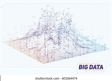 Vector abstract 3D big data visualization. Futuristic infographics aesthetic design. Visual information complexity. Intricate data threads graphic. Social network or business analytics representation