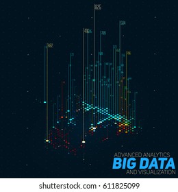 Vector abstract 3D big data visualization with bars. Futuristic infographics aesthetic design. Visual information complexity. Intricate data threads bar chart. Social network or business analytics.