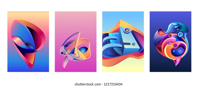 Vector Abstract 3D Colorful Gradient Geometric Curvy pattern background illustration. Set of Abstract Techno and cultural background for Cover, Poster, and print in Eps 10. 