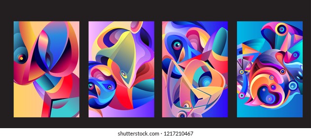 Vector Abstract 3D Colorful Gradient Geometric Curvy pattern background illustration. Set of Abstract Techno and cultural background for Cover, Poster, and print in Eps 10. 
